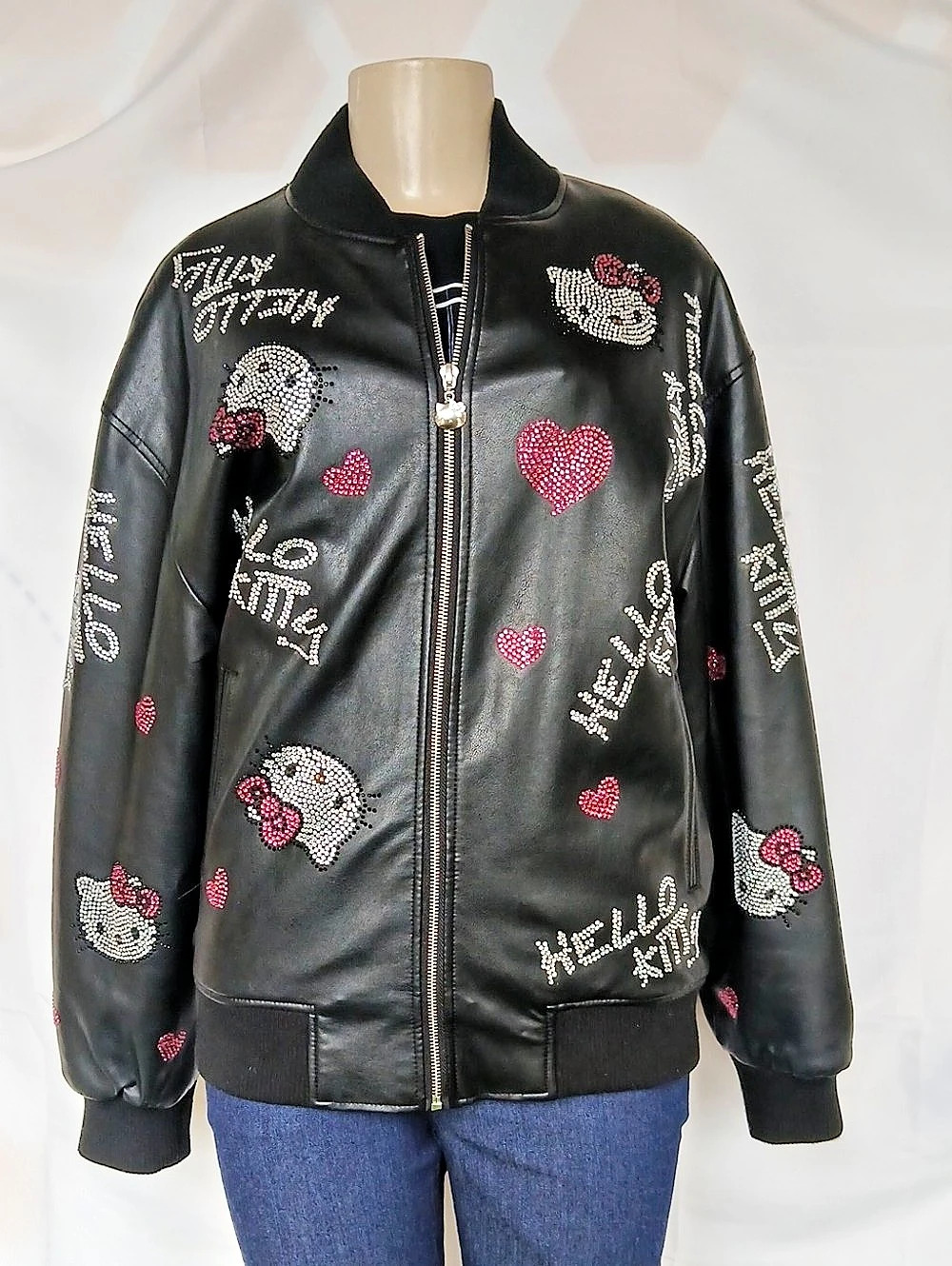 Forever 21 Hello Kitty Rhinestone Faux Leather Bomber Jacket Black & Pink Size S